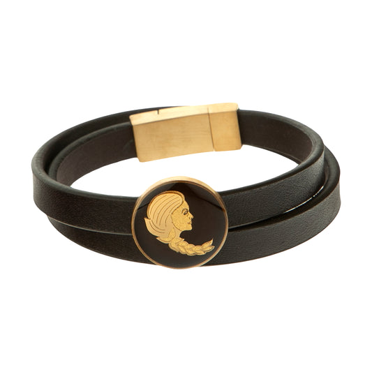 Leather bracelet, zodiac sign Virgo, 24 carat gold leaf, stainless steel