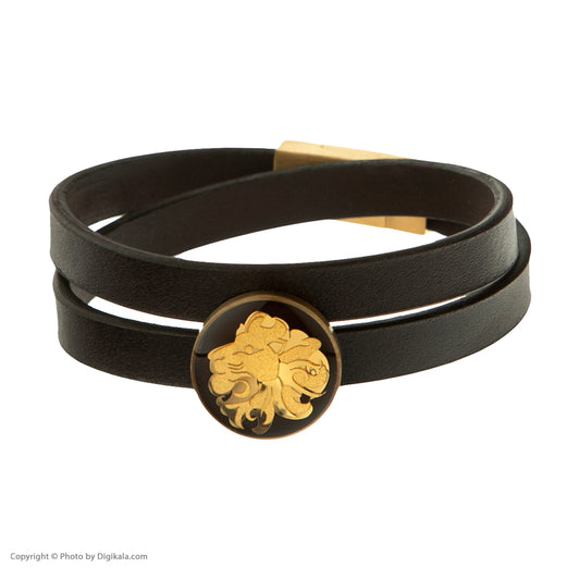 Leather bracelet, zodiac sign Leo, 24 carat gold leaf, stainless steel