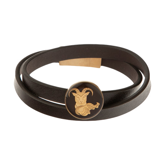 Leather bracelet, zodiac sign Aries, 24 carat gold leaf, stainless steel