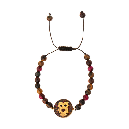 Stone Bracelet, Owl Design made of 24 carat gold leaf and Colorful Tiger Eye Gemstone