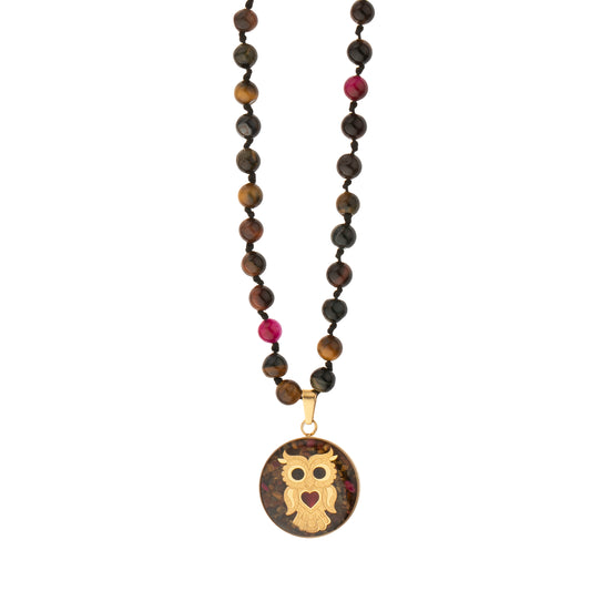 Necklace with owl design made of 24 carat gold leaf, colorful tiger eye