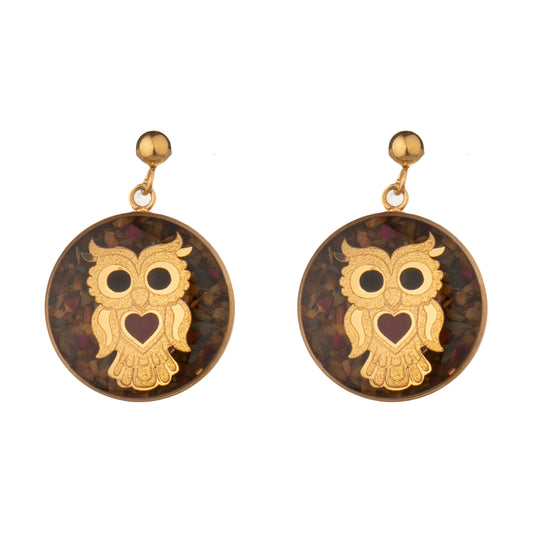 Earrings, owl design made of 24 carat gold leaf and gemstone tiger eye