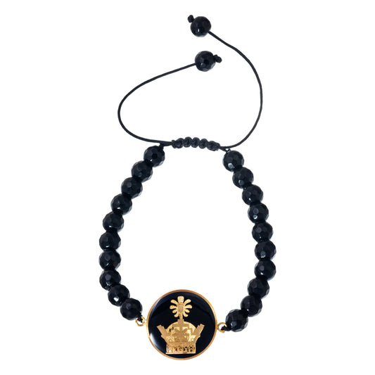 Stone bracelet, onyx, crown design made of 24 carat gold leaf