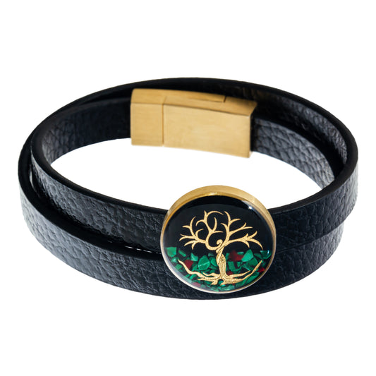 Leather bracelet, tree of life design made of 24 carat gold leaf, onyx