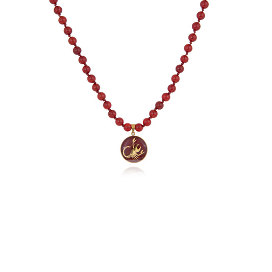 Necklace, zodiac sign Scorpio, 24 carat gold leaf, stainless steel, agate gemstone