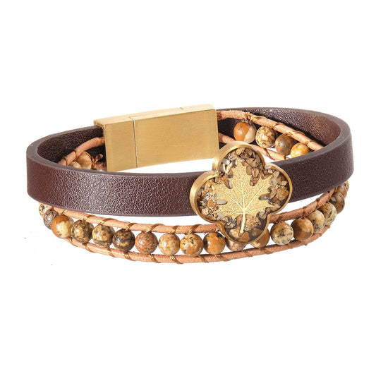 Leather-stone bracelet, oak design made of 24 carat gold leaf and jasper