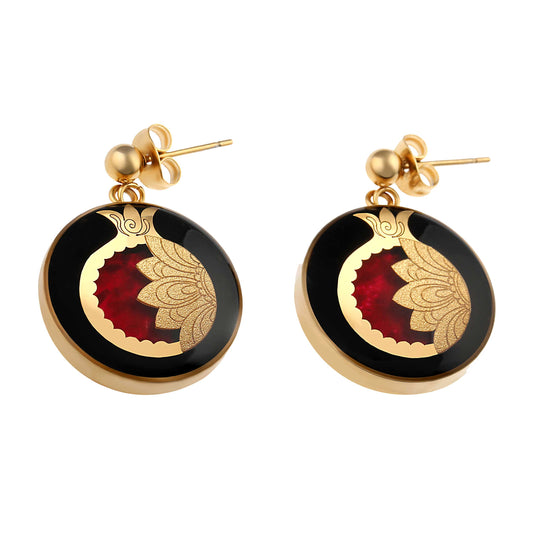 Earrings, Yalda, 24 carat gold leaf, red jade