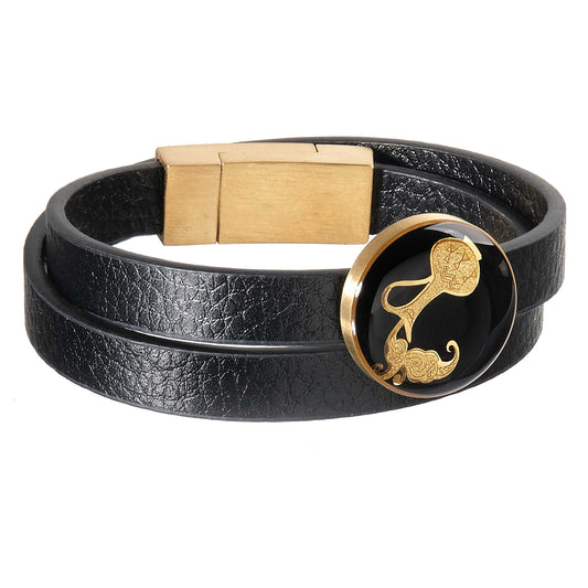 Leather bracelet, zodiac sign Aquarius, 24 carat gold leaf, stainless steel