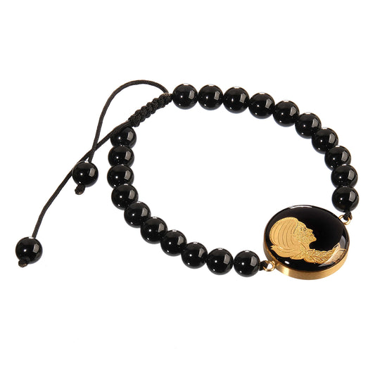 Bracelet, Virgo zodiac sign, 24 carat gold leaf, stainless steel, gemstone, onyx