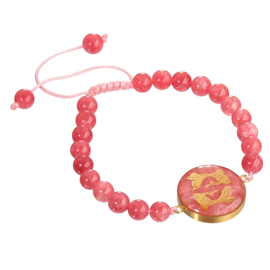 Bracelet, zodiac sign Pisces, 24 carat gold leaf, stainless steel, jade gemstone