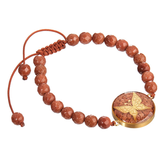 Bracelet, butterfly, 24 carat gold leaf, stainless steel, goldstone gemstone