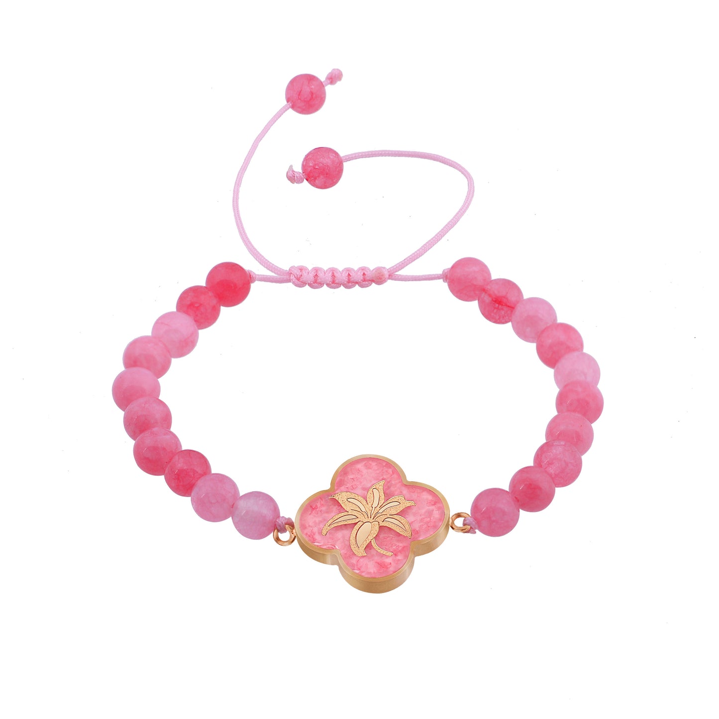 Bracelet, spring design, 24 carat gold leaf, pink jade