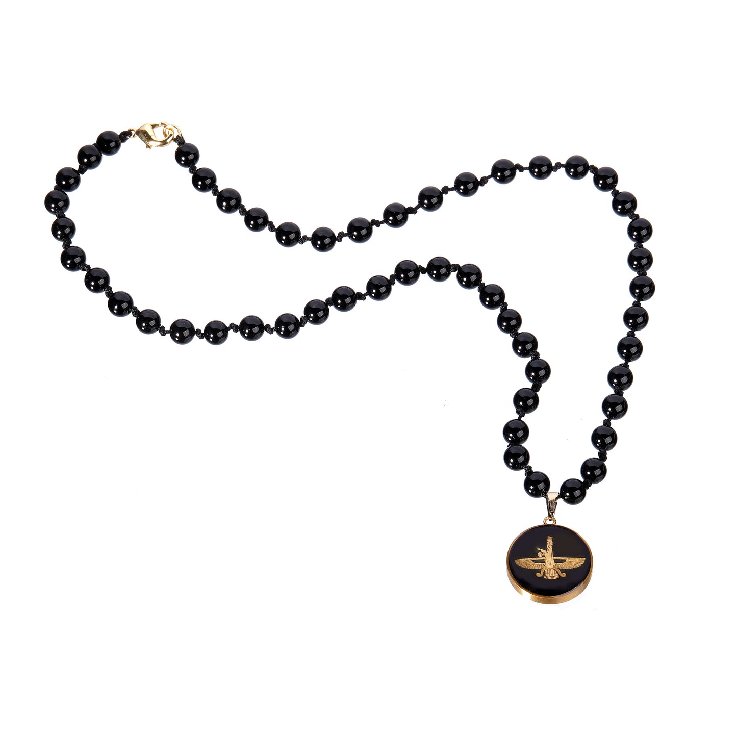 Necklace with pendant, Farvahar, 24 carat gold leaf, onyx