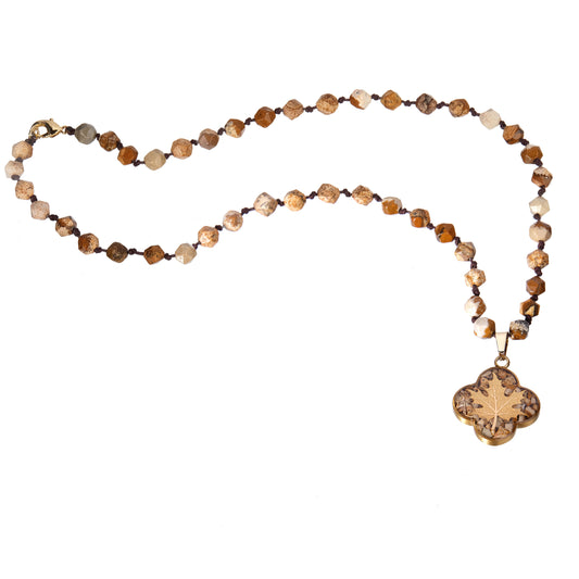Jasper necklace with oak pendant made of 24 carat gold leaf