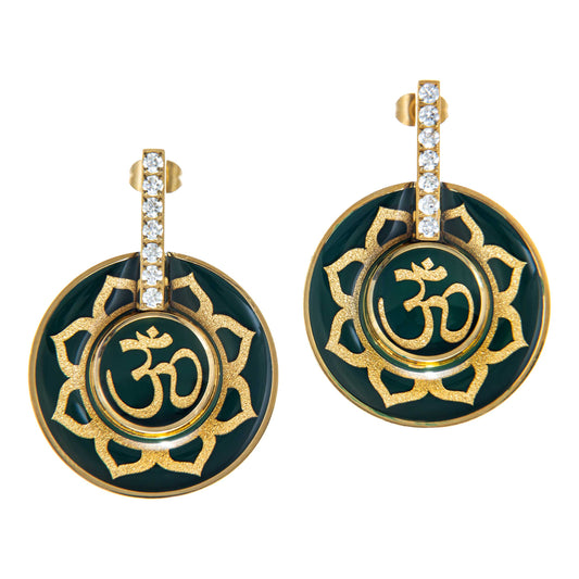 Earrings, The Om Mantra made of 24 carat gold leaf and agate gemstone