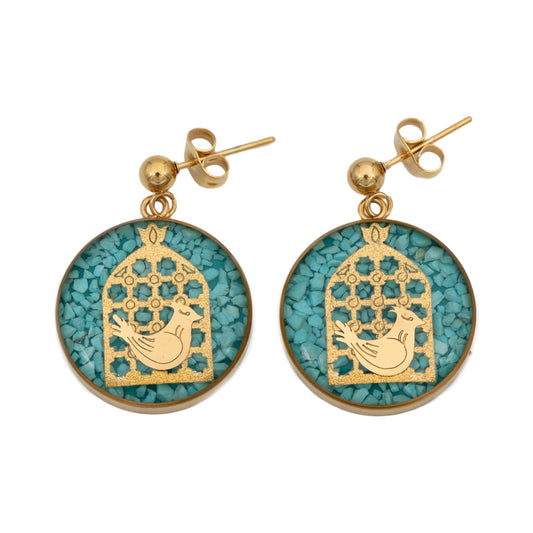 Earrings, Morghe Amin design made of 24 carat gold leaf and turquoise, anti-allergic stainless steel