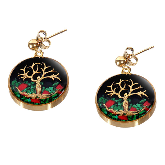Earrings, Tree of Life, 24 carat gold leaf, Onyx, Anti Allergic Stainless Steel