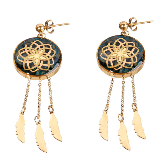 Earrings, Dreamcatcher, 24 carat gold leaf, green agate, stainless steel