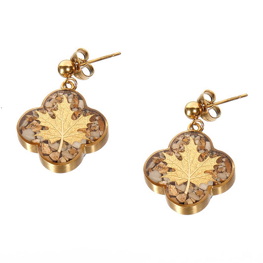 Earrings, autumn designs made of 24 carat gold leaf, jasper, anti-allergic stainless steel