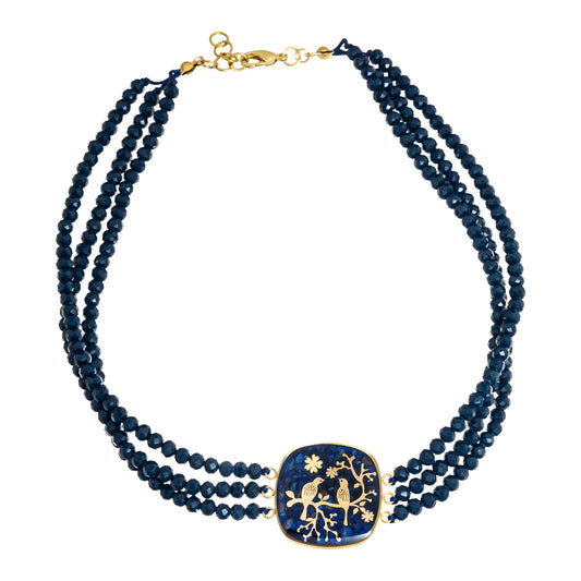Necklace, Golestan design made of 24 carat gold leaf, dark blue tiger eye