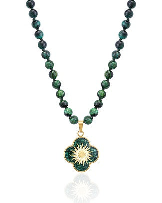 Necklace, sun design made of 24 carat gold leaf, tiger eye gemstone