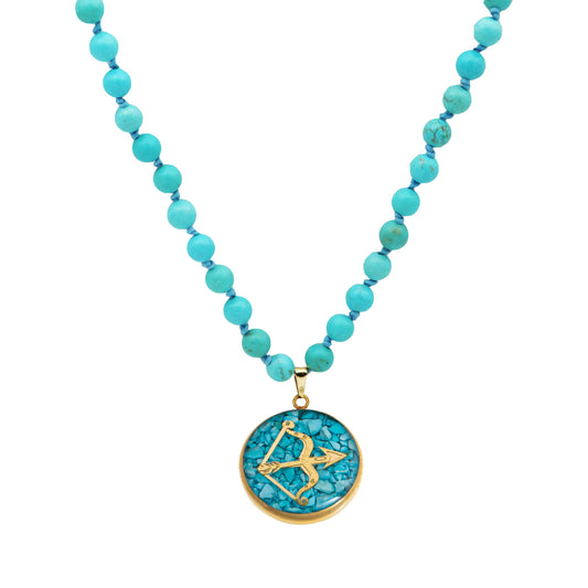Necklace, zodiac sign Sagittarius, 24 carat gold leaf, stainless steel, turquoise gemstone