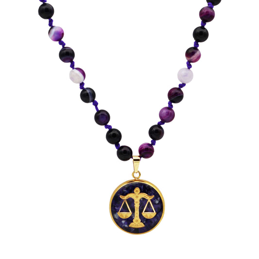 Necklace, zodiac sign Libra, 24 carat gold leaf, stainless steel, opal gemstone
