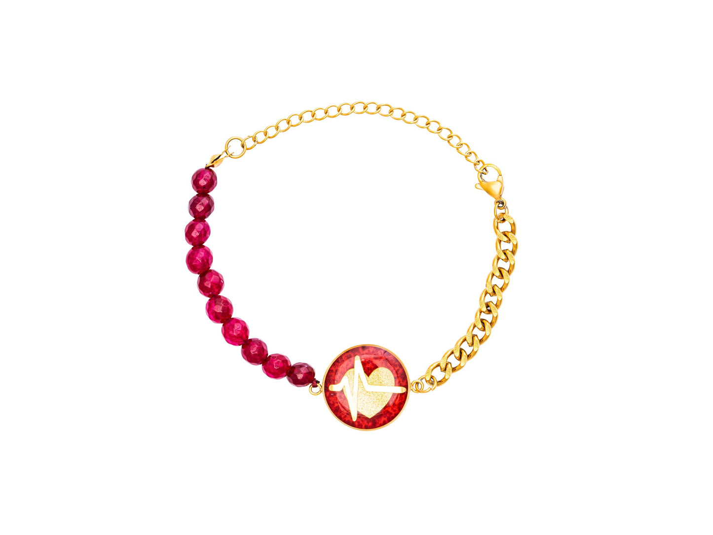 Bracelet, heart design made of 24 carat gold leaf, red jade, stainless steel