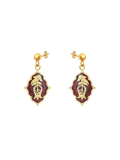 Earrings, Narmila design made of 24 carat gold leaf, stainless steel, coral stone