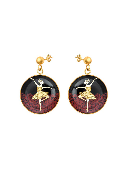 Earrings, ballerina made of 24 carat gold leaf, onyx and anti-allergic stainless steel
