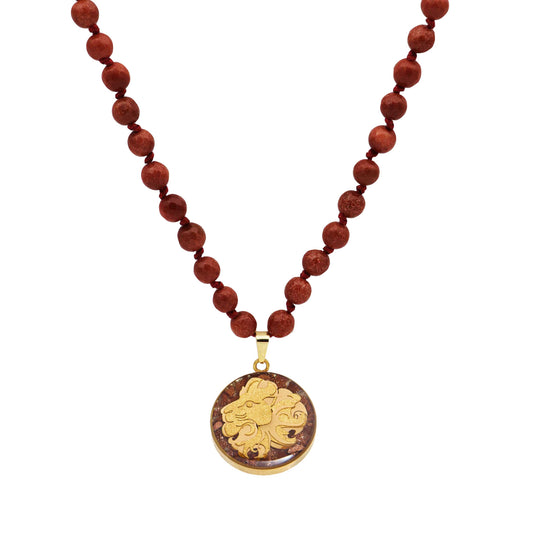 Necklace, zodiac sign Leo, 24 carat gold leaf, stainless steel, goldstone gemstone