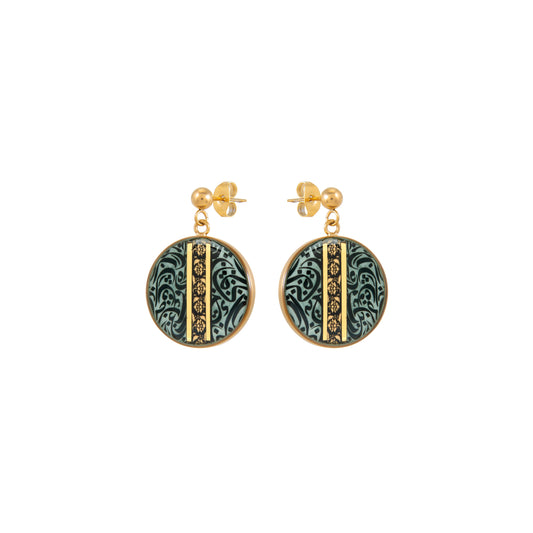 Earrings, Terme design made of 24 carat gold leaf, green agate