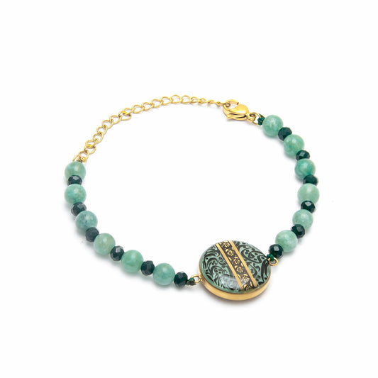 Stone bracelet, Terme design made of 24 carat gold leaf, agate and jade gemstone