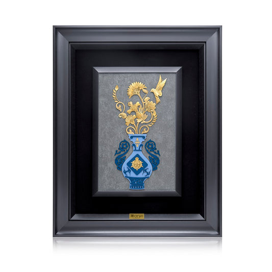 Wandbild, Kiana, Blumenvase mit Blumen und Vögel, 24 Karat Blattgold