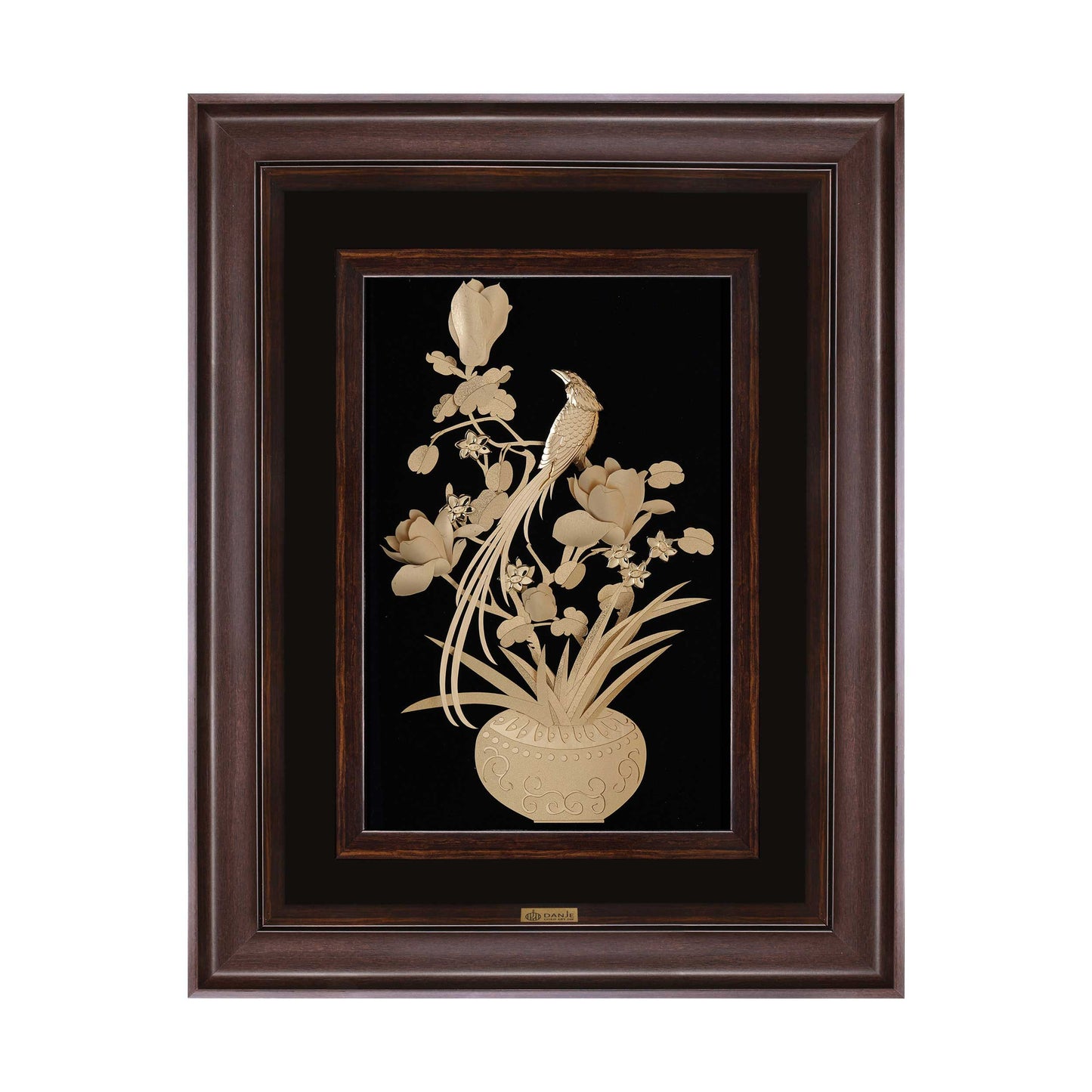 Wandbild, Blumenvase mit Vogel aus 24 Karat Blattgold, 58*43cm, Weiß-Gold Rahmen